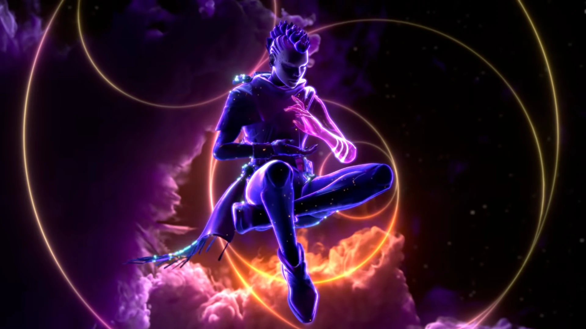 Astra floating cross-legged among glowing violet and gold orbits