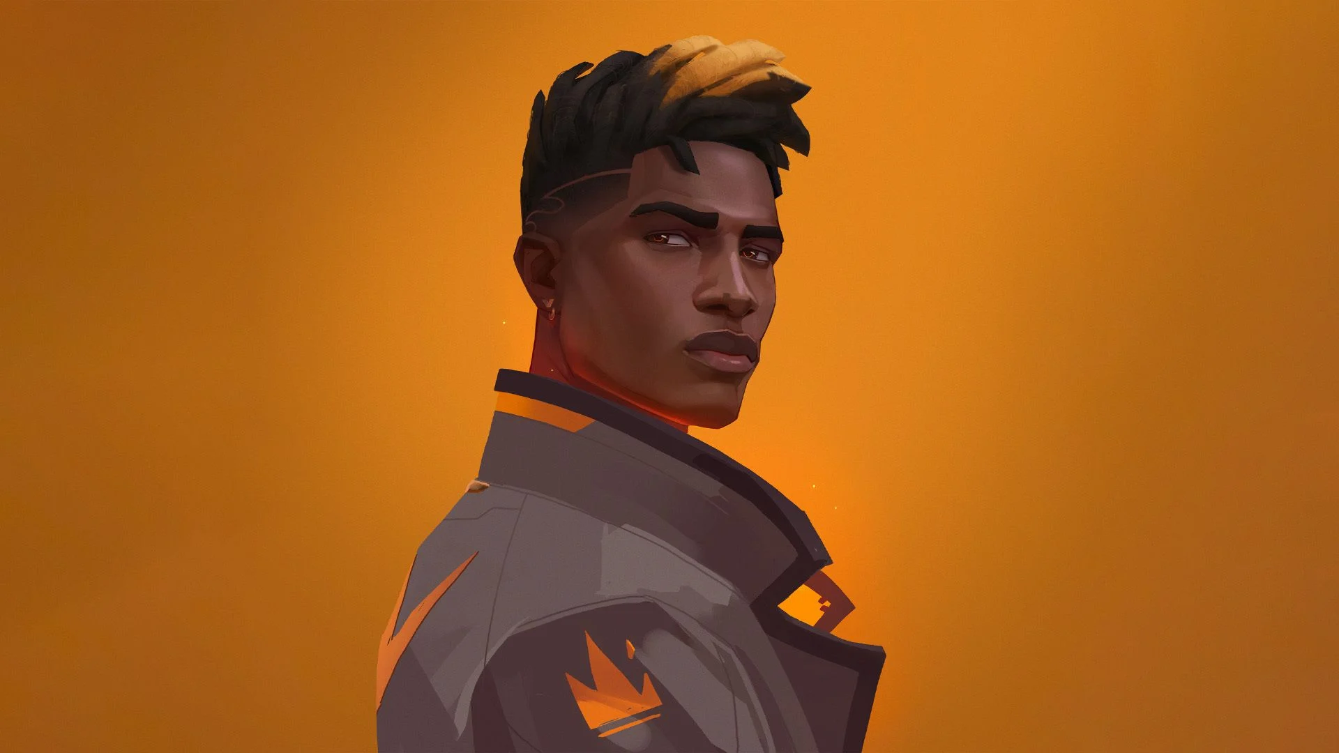 Phoenix looking over his shoulder against an amber background