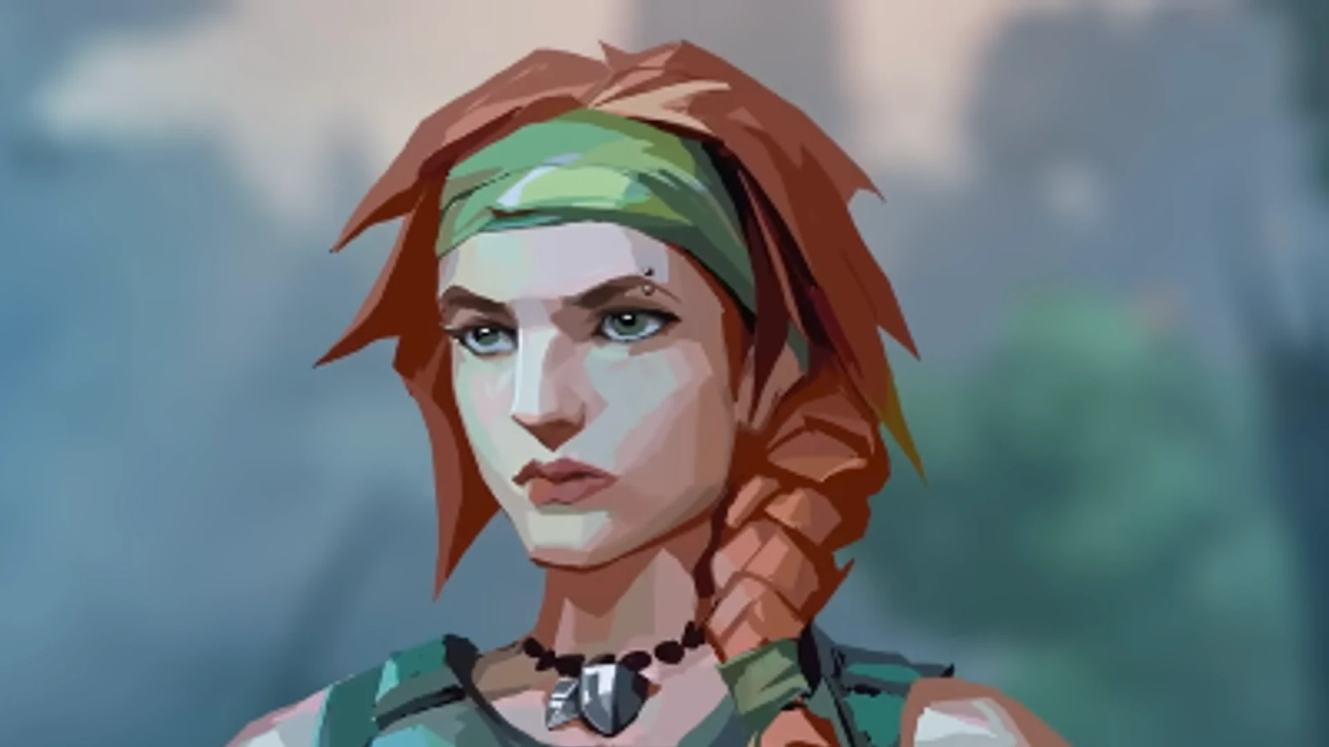 Skye con cinta verde y trenza roja en un bosque
