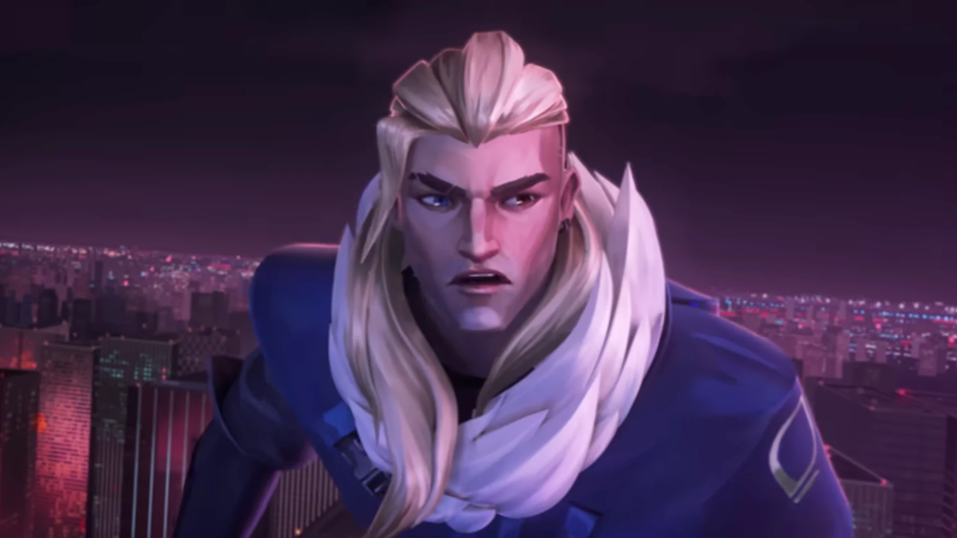 Sova in a blue cloak overlooking a city at night